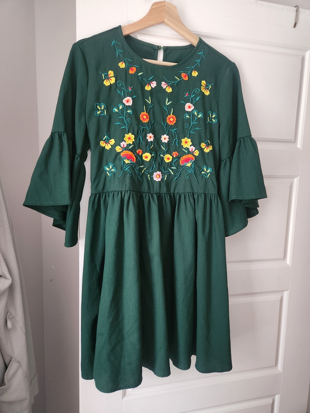 Dark Green Embroidered Floral Dress